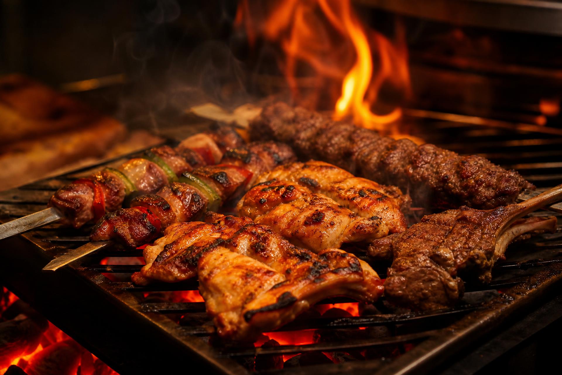 Mixed grill platter of kebabs and grilled chicken over open fire